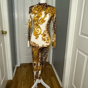 White, Gold & Black Paisley Design Jumpsuit